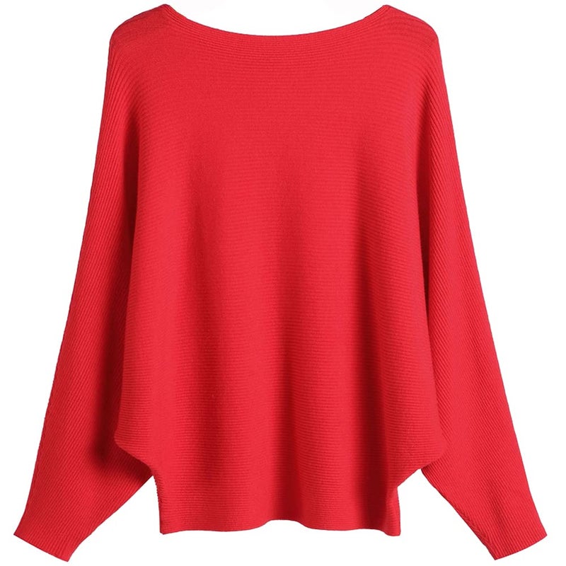 Ckikiou Womens Lightweight Oversized Boat Neck Sweaters Tops Dolman Batwing Sleeve Ribbed Knitted Pullovers Bright Red - Image 1